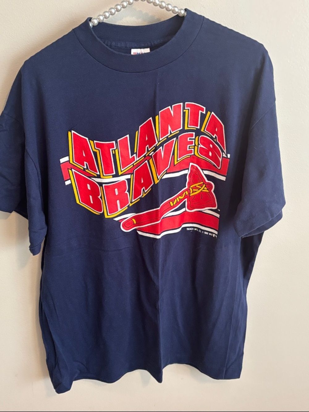 Vintage 1990 Atlanta Braves Shirt Mens XL Trench MLB Baseball Graphic Navy Blue